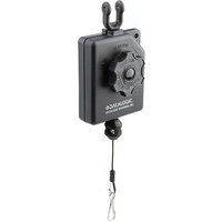 Black Datalogic industrial take-up reel with a square casing, adjustable knob, and retractable cable.