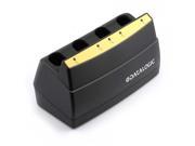 Black Datalogic MC-P090 battery charger with four slots, featuring a gold contact strip on top and a sleek, compact design suitable for household use.