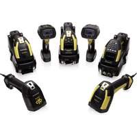 Black and yellow Datalogic handheld barcode reader with ergonomic grip and trigger button, multiple angle views.