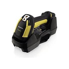 Handheld Datalogic PBT9600 barcode reader in black and yellow, featuring a sleek design, ergonomic grip, and a prominent numeric display on the front.