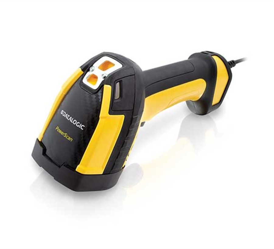 Handheld Datalogic PD9630-HP barcode reader features a black and yellow design, ergonomic grip, and dual scanning capability for 1D and 2D barcodes.