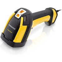 Black and yellow Datalogic handheld barcode reader with ergonomic grip and wired connection.