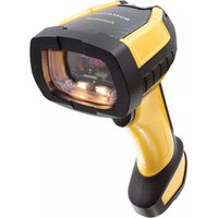 Yellow and black Datalogic PM9600 handheld barcode reader with ergonomic grip and visible scanning lens.