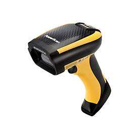 Handheld bar code reader in black and yellow, featuring a textured grip, LED light, and a wide scanning window for 1D barcodes, designed for durability and ease of use.