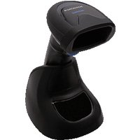 Black Datalogic QBT2500 handheld barcode reader with ergonomic grip and charging base.