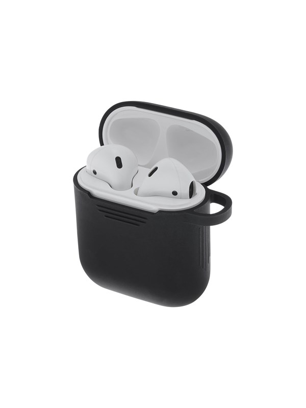 Black silicone case for AirPods with a hinged lid, featuring cutouts for charging and a secure fit for the earbuds inside.