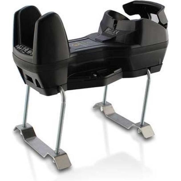 Black plastic barcode reader mounting kit with metal legs, designed for stability, featuring a contoured top for secure device placement and adjustable feet for various surfaces.