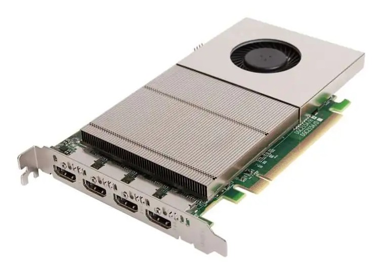 Datapath IMAGE4K graphics card featuring a silver metal heatsink, a black cooling fan, and four HDMI ports on the back, mounted on a green circuit board.