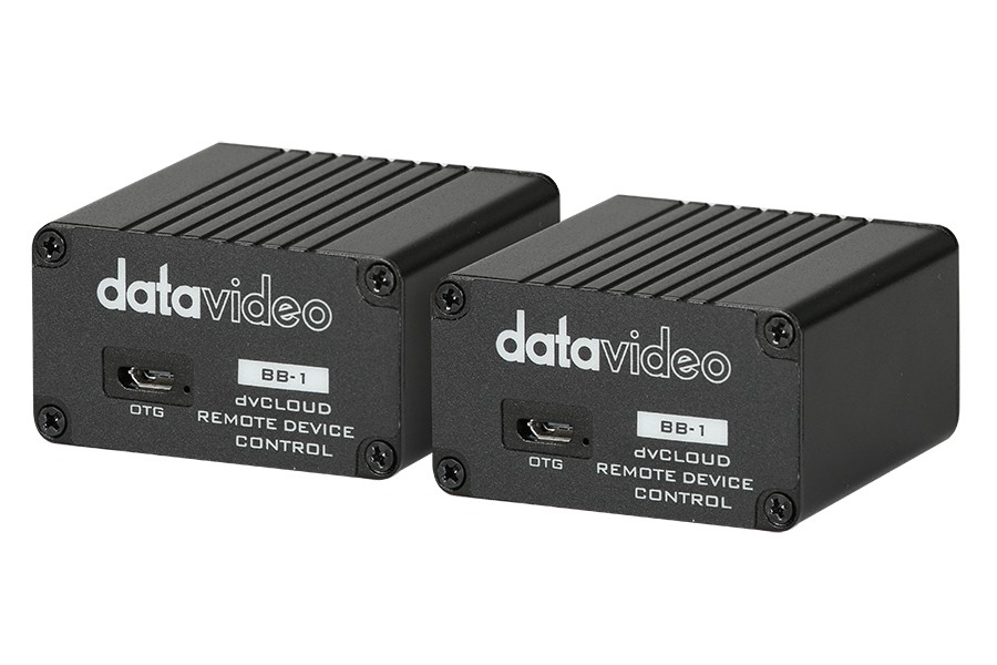 Two black DataVideo BB-1 remote device control units with ribbed metal casing, featuring USB ports and labeled with "DataVideo" and "BB-1" on the front.