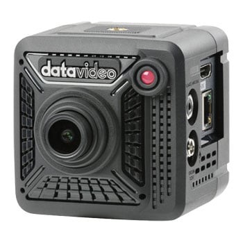 Compact black camera with a textured surface, featuring a prominent lens, red recording button, and multiple ports for connectivity on the side.