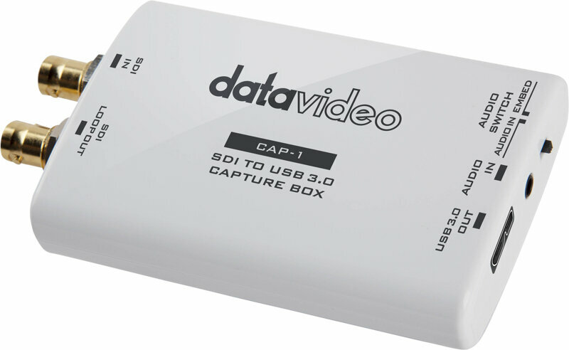 DataVideo CAP-1 capture box in white, featuring two SDI input ports, USB 3.0 output, and audio input/output jacks, labeled clearly on the surface.