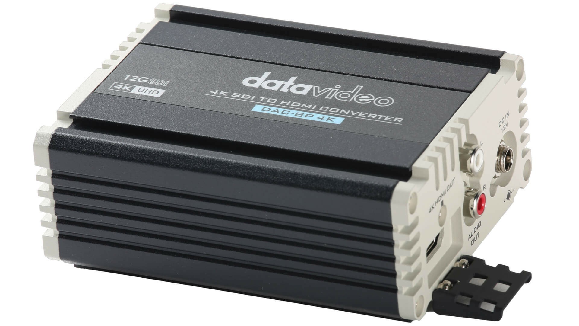 Compact black and silver DataVideo DAC-8P 4K Passive Video Converter with ports for SDI and HDMI, featuring a sleek design and labeled controls for easy connectivity.