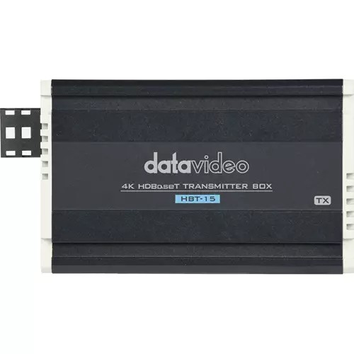 Black DataVideo HBT-15 AV receiver with a sleek design, featuring a prominent logo, labeled ports, and a sturdy casing for durability.