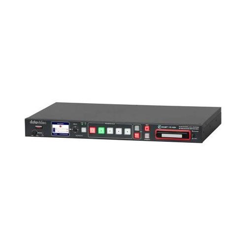 Black metal device with a sleek design, featuring a control panel with buttons in red, green, and white, a small display screen, and a slot for media input.