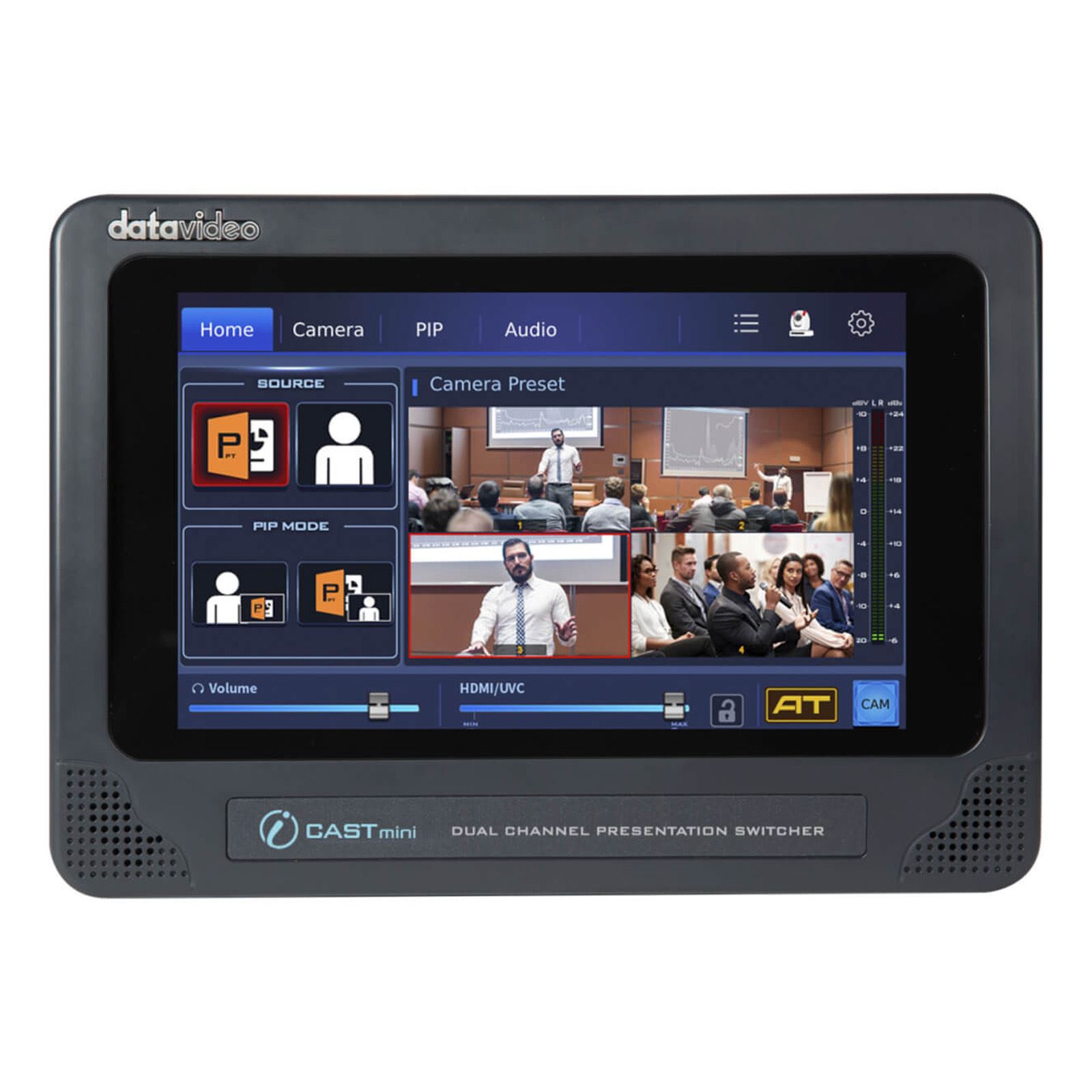 DataVideo ICAST Mini HDMI switcher features a sleek black design with a touchscreen interface displaying camera presets, PIP mode, and audio controls.