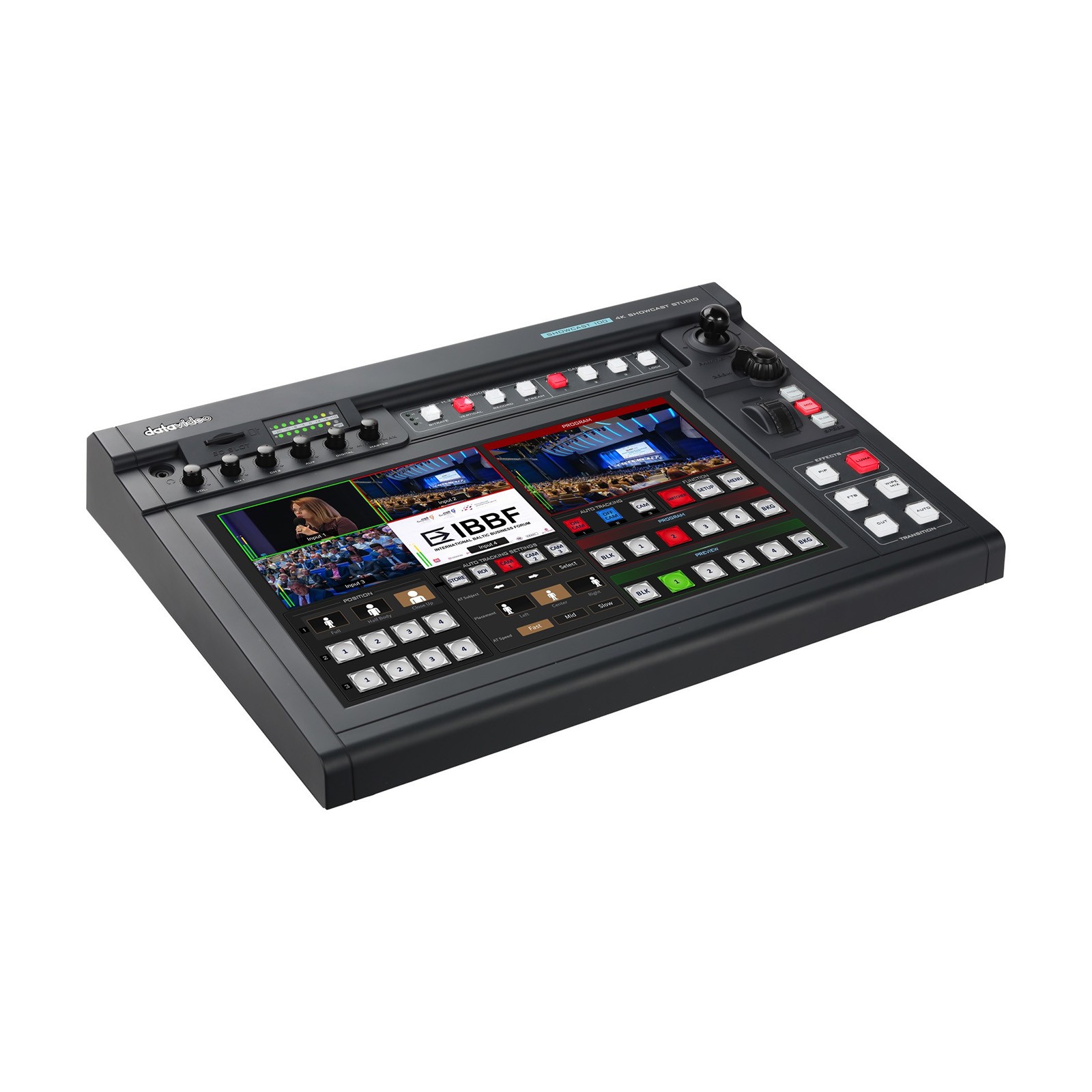 The DataVideo SHOWCAST 100 HDMI features a sleek black design with a control panel, multiple buttons, a joystick, and a built-in screen displaying video feeds and graphics.