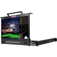 Black DataVideo TLM-170VM monitor with 17" screen, 1920x1080 resolution, control buttons, and carrying handle.