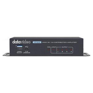 Black metal HDMI distribution amplifier with four output ports, labeled 1 to 4, and a single input, featuring a mode select switch and upgrade button.