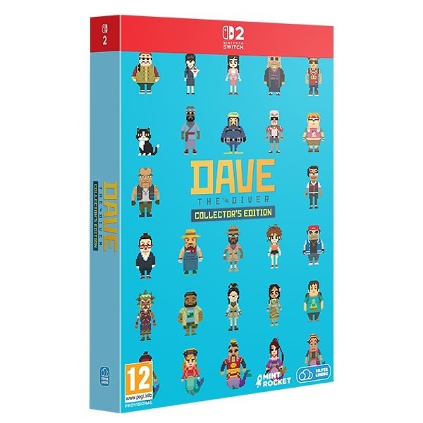 Bright blue box featuring pixel art characters from "Dave the Diver," with a prominent title and collector's edition label, designed for the Nintendo Switch 2.