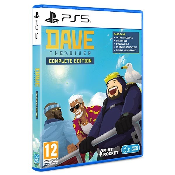 Blue PS5 game case featuring "Dave the Diver Complete Edition" with colorful artwork of divers and a seagull, including DLC and soundtrack details on the cover.