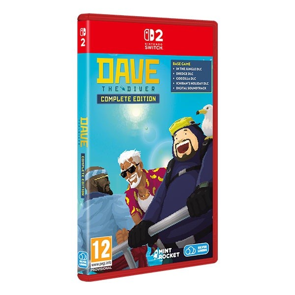 Bright red Nintendo Switch case featuring "Dave the Diver Complete Edition" with colorful cartoon artwork of characters, including a diver and a man with glasses, against a blue background.