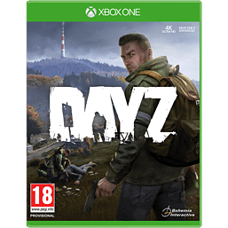Green Xbox One game case featuring "DayZ" title in bold white letters, with a rugged man holding a weapon against a backdrop of a desolate landscape.