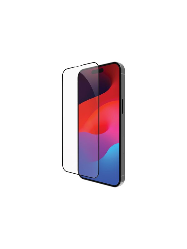 Black Eco-shield screen protector for iPhone 15 Pro, featuring a sleek design with a clear finish and precise cutouts for easy access to buttons and ports.