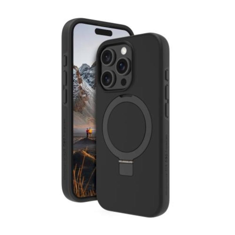 Black Dbramante Iceland Ultra D3O MS Kick case for iPhone 16 Pro, featuring a circular magnetic attachment, textured grip, and precise cutouts for buttons and camera.