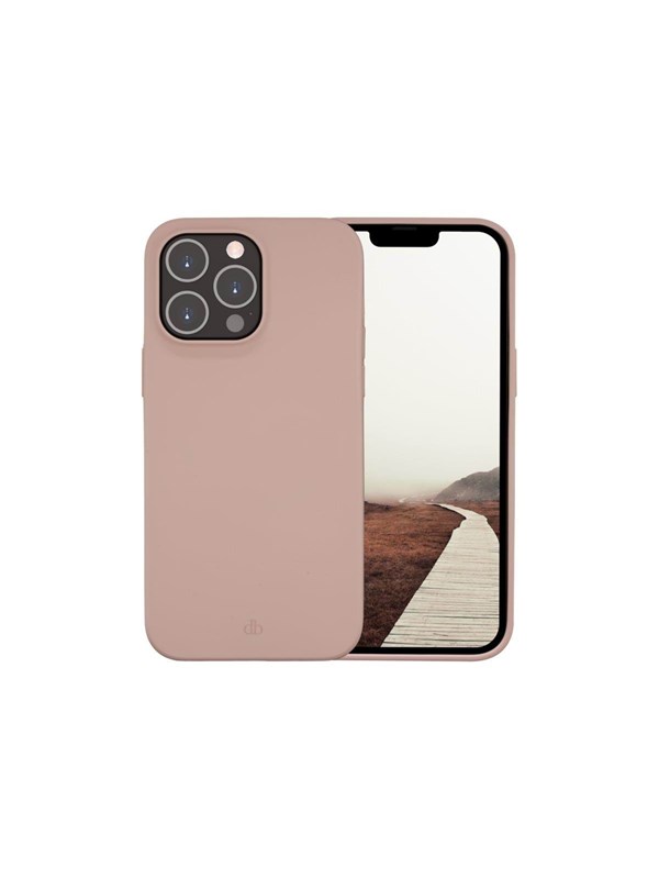 Pink sand leather case for iPhone 14 Pro Max, featuring a smooth finish and precise cutouts for camera and buttons, paired with a minimalist design.
