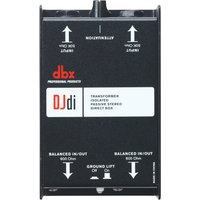Black dbx DBXDJDI passive direct box with red logo and white label, featuring input/output ports and ground lift switch.