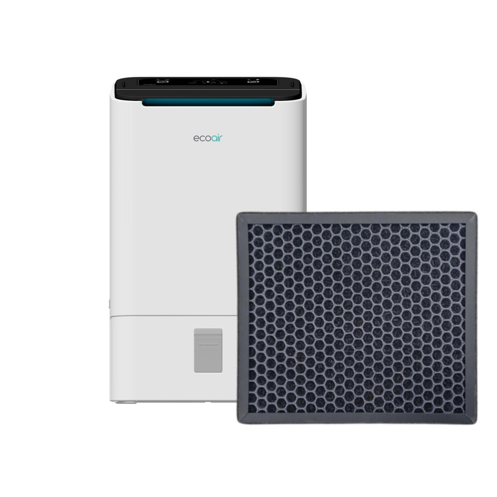 Simple charcoal filter in black with a honeycomb pattern, designed for Ecoair dehumidifiers, placed in front of a sleek white dehumidifier unit.