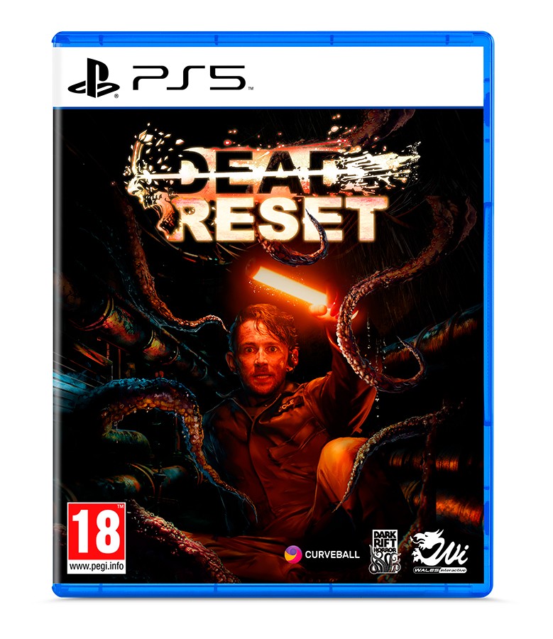 PS5 game cover for "DEAD RESET" by CURVEBALL, featuring a man holding a glowing object surrounded by dark, tentacle-like shapes, with a bold title in white and red letters.