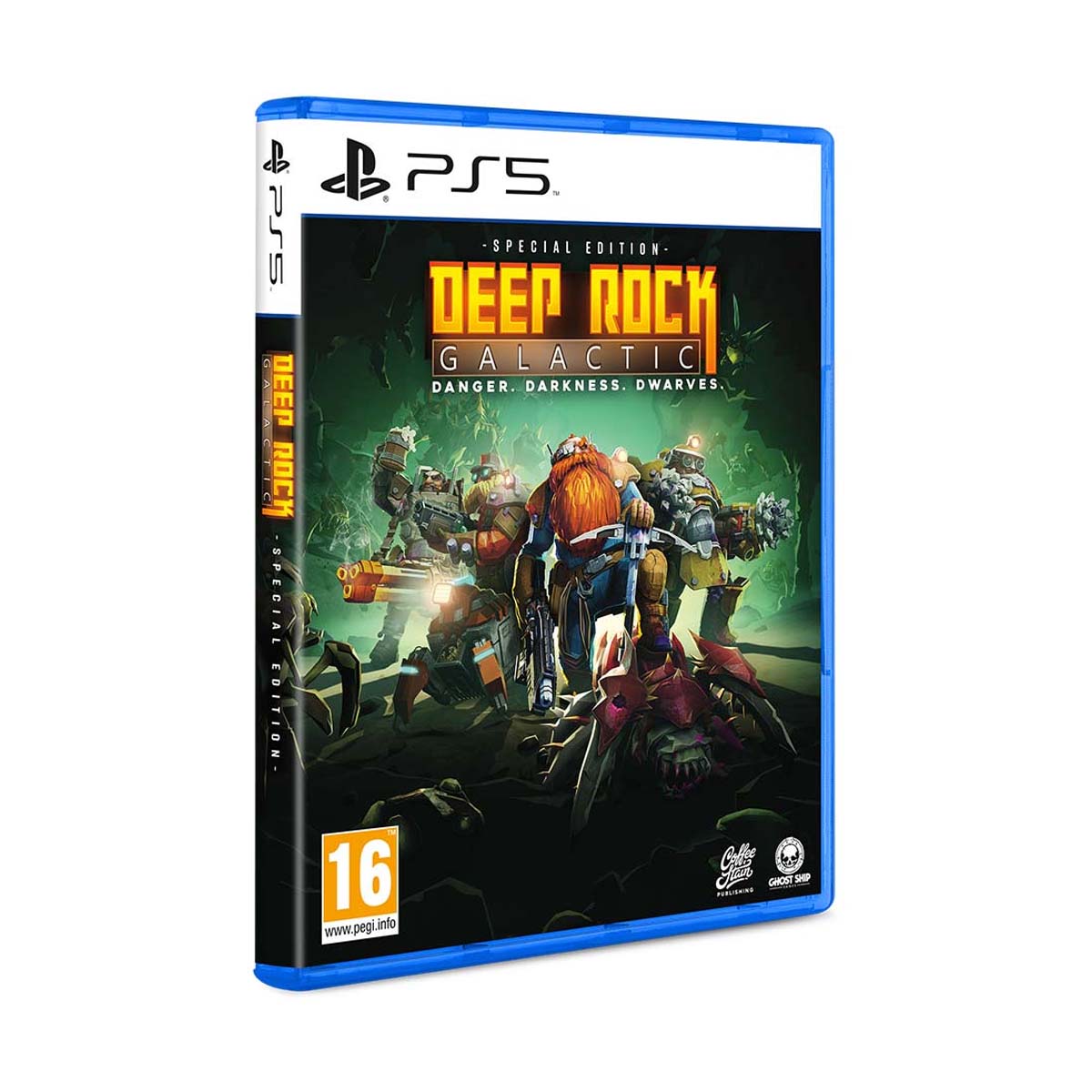 Special Edition PS5 game case for "Deep Rock Galactic," featuring vibrant artwork of dwarves in a dark, alien landscape, with bold yellow and green text.