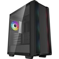 Black DeepCool CC560 ARGB V2 gaming case with tempered glass side panel and colorful front fan lighting.