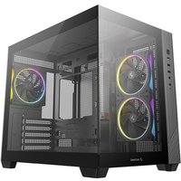 Black DeepCool CG330 3F tower case with tempered glass panels and three RGB fans.