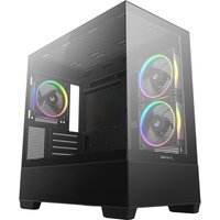 Black DeepCool CG380 3F Midi Tower with tempered glass panels and three RGB fans.