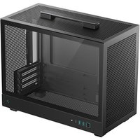 Black DeepCool CH160 PLUS SFF case with mesh panels, tempered glass side, and top handle.