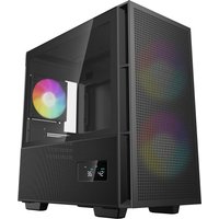 Black DeepCool CH360 Digital Micro Tower Case with RGB fans, mesh front panel, and digital display.