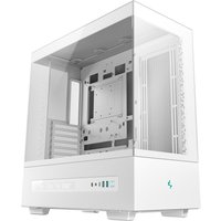 White DeepCool CH690 tower case with transparent side panel and front I/O ports.