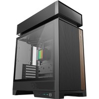 Black DeepCool CL6600 Midi Tower with glass side panel, vertical vents, and top-mounted cooling unit.