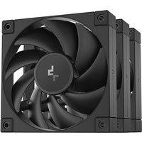 Black DeepCool FD12-3 computer case fans, 12 cm, set of 3, with sleek design and central logo.