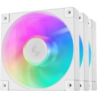 White DeepCool FD12 ARGB computer case fans, 12 cm, 3-pack, with vibrant multicolor LED lighting.
