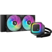 Black DeepCool LE240 V2 liquid cooler with dual 12 cm RGB fans and sleek pump unit.