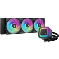 Black DeepCool LE360 V2 liquid cooler with three RGB fans and a square pump head with RGB lighting.