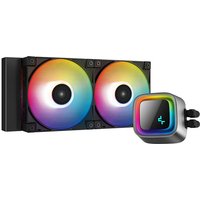 Black DeepCool LS520 liquid cooler with dual RGB fans and a square pump head with illuminated logo.