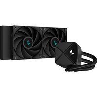 Black DeepCool LS520S liquid cooler with dual 12 cm fans and sleek pump head design.