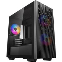 Black DeepCool MATREXX 40 3FS micro tower with RGB fans, mesh front panel, and tempered glass side.