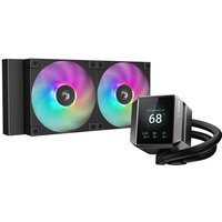 Black DeepCool MYSTIQUE 240 ARGB liquid cooler with dual 12 cm RGB fans and sleek pump unit.