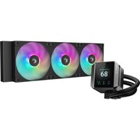 DeepCool Mystique 360 ARGB CPU cooler with three RGB fans and sleek black radiator, digital display on pump head.