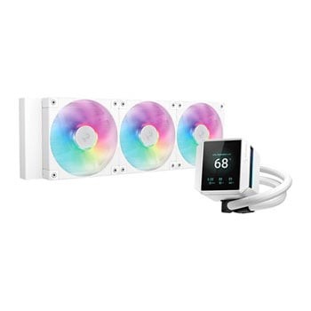 DeepCool Mystique 360 WH ARGB liquid cooler features a white radiator with three RGB fans displaying a rainbow gradient, and a sleek, digital temperature display on the pump.